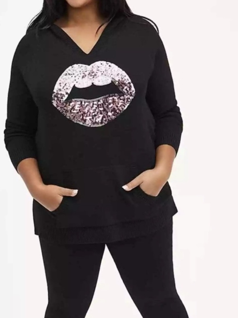 TORRID Black Sequined Lips Hoodie, Size 2X